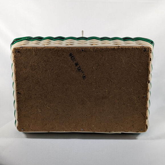 VTG Sewing Basket Woven and Hinged Bale Handle Cream Indonesian Wooden Bottom - Picture 10 of 10